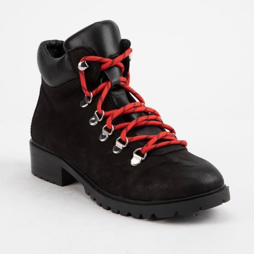 Steve Madden Lora Black Patent Leather Combat Side Zip Hiking Boots Size 5.5 - Picture 3 of 15